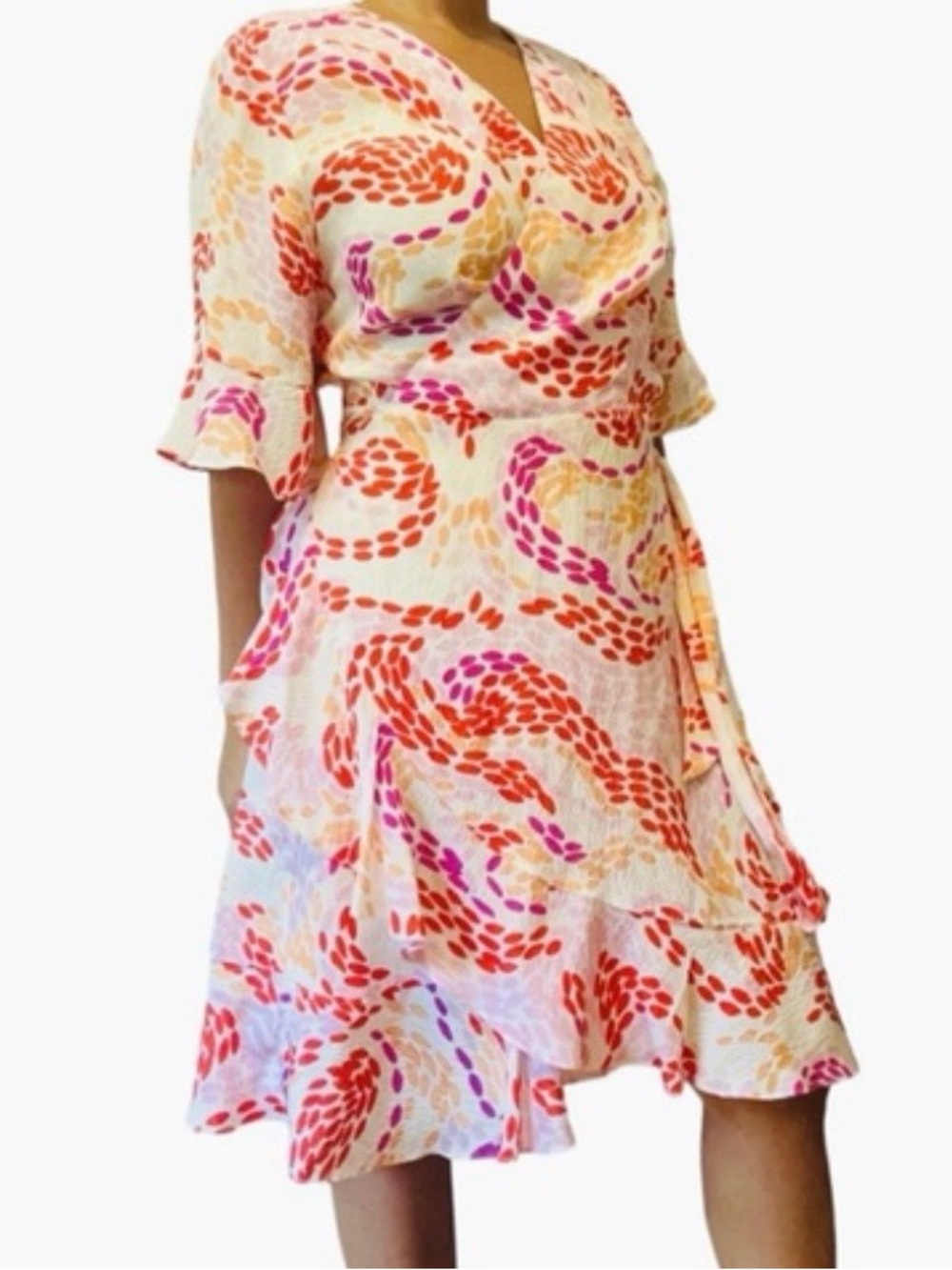 Marie Oliver Cream Midi Wrap Dress with Pink and Red Swirl Print